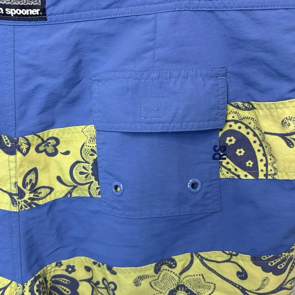 Reyn Spooner Swim Trunks Mens 38 Board Short Floral Tropical Blue Yellow Stripes